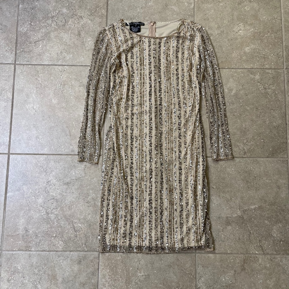 Pisarro  Nights Tan Gold Beaded Sequin Midi Dress
